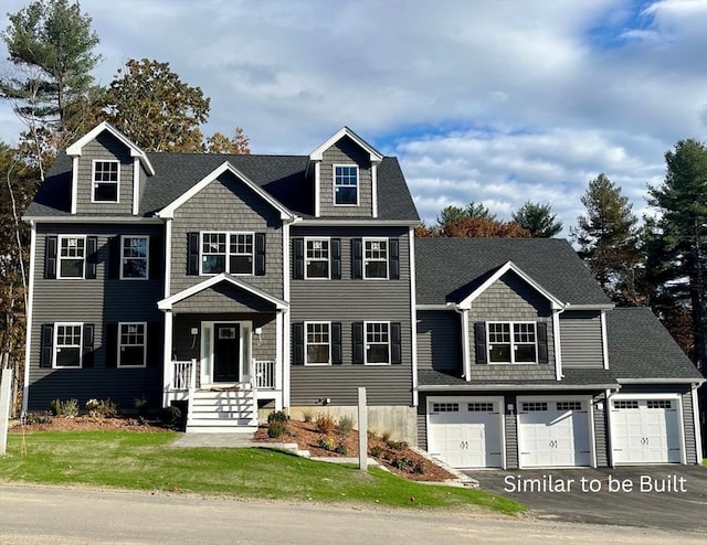 view of front of home with a garage and a front lawn