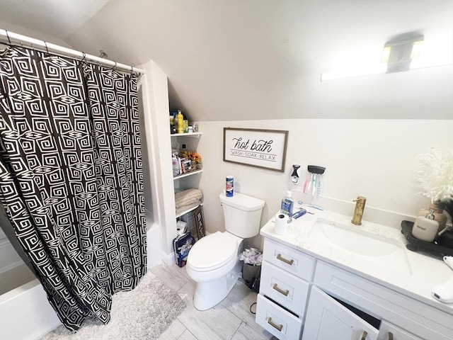 full bathroom with vanity, shower / tub combo, lofted ceiling, and toilet
