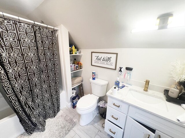 5-11 Monk St, Stoughton, MA 02072 - full bathroom with vanity, shower / tub combo, lofted ceiling, and toilet