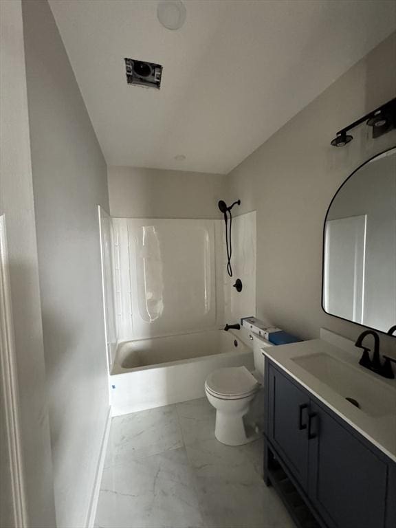 bathroom with shower / bath combination, toilet, marble finish floor, and vanity