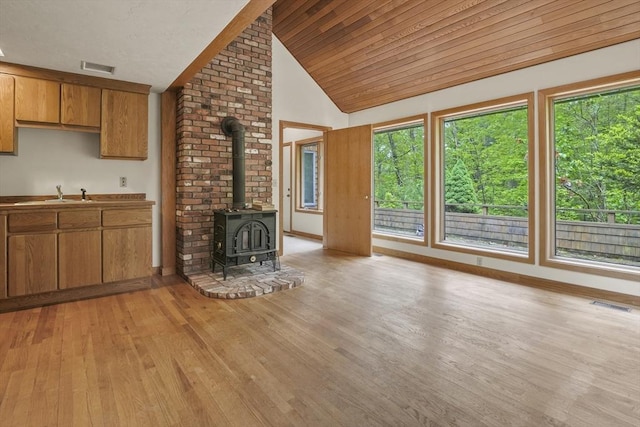 4 Fiske Mill Rd, Upton, MA 01568 - unfurnished living room featuring a sink, a wood stove, light wood-style floors, and lofted ceiling