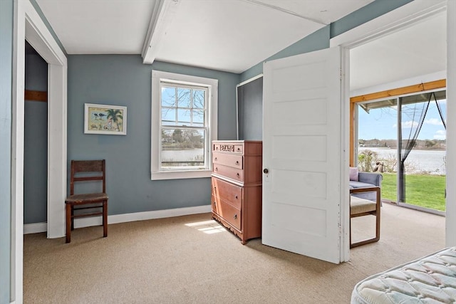 bedroom featuring access to exterior, a water view, light carpet, and baseboards