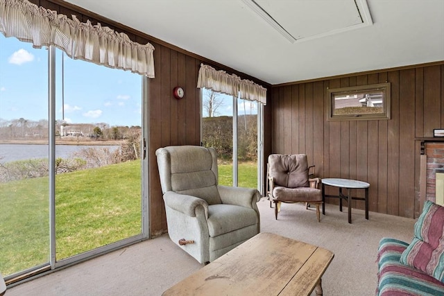 living area with wooden walls, a water view, and carpet
