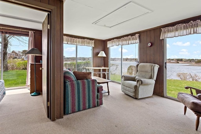 sunroom with a water view and a wealth of natural light