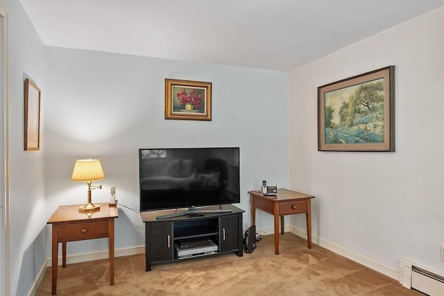living room with baseboards, a baseboard heating unit, and light carpet