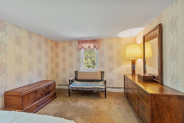 sitting room featuring wallpapered walls, light colored carpet, and baseboard heating