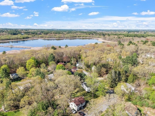 bird's eye view featuring a water view and a wooded view