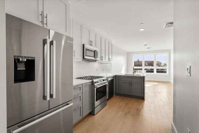 301 Border Unit U606, Boston, MA 02128 - kitchen with appliances with stainless steel finishes, a peninsula, gray cabinets, a sink, and light wood-style flooring
