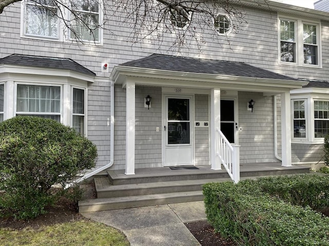 view of exterior entry with covered porch and roof with shingles