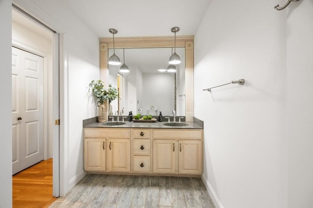 bathroom with double vanity, wood finished floors, and a sink