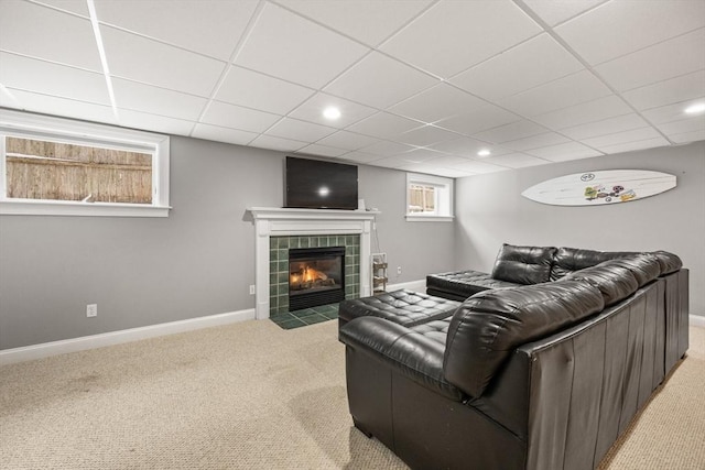 living area with a paneled ceiling, baseboards, light colored carpet, and a fireplace