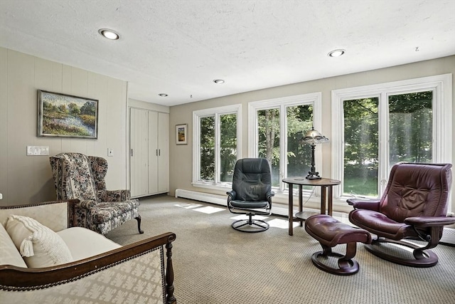37 Eastview Rd, Hopkinton, MA 01748 - living area with light colored carpet, a baseboard radiator, healthy amount of natural light, recessed lighting, and a textured ceiling