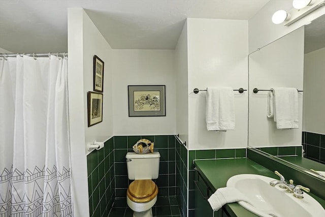 37 Eastview Rd, Hopkinton, MA 01748 - full bathroom with toilet, vanity, tile walls, a wainscoted wall, and a shower with shower curtain