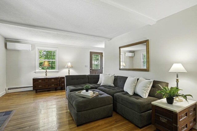 37 Eastview Rd, Hopkinton, MA 01748 - living room with a wall unit AC, a baseboard radiator, and wood finished floors