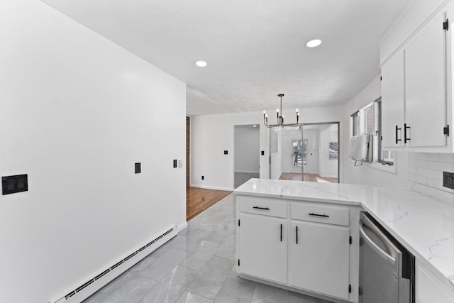 kitchen with decorative light fixtures, white cabinets, backsplash, stainless steel dishwasher, and light stone countertops