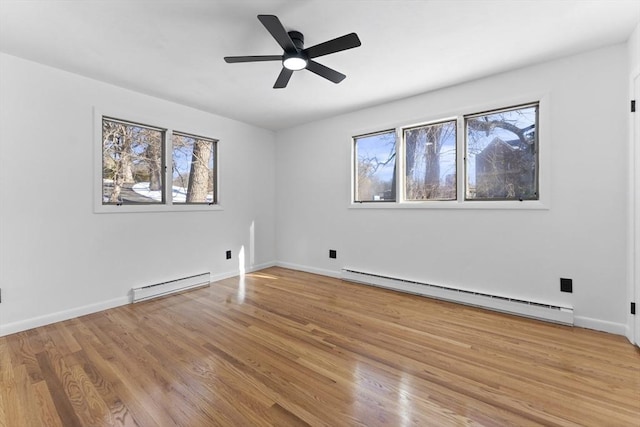 spare room featuring light hardwood / wood-style flooring, a baseboard radiator, and ceiling fan