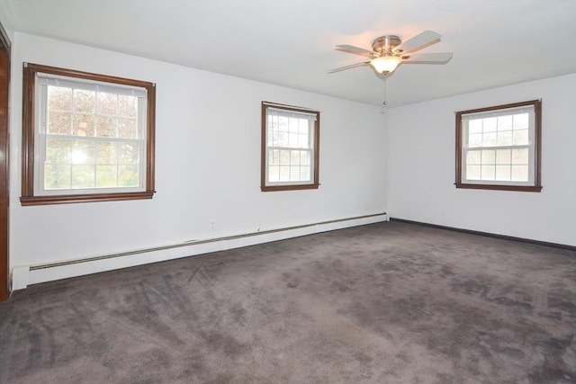 carpeted empty room featuring baseboards, a baseboard radiator, and ceiling fan