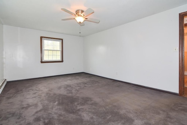 carpeted empty room with baseboards and a ceiling fan