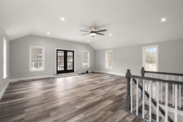 2 Britlees Way, Dudley, MA 01571 - unfurnished living room with vaulted ceiling, ceiling fan, dark wood-type flooring, and recessed lighting
