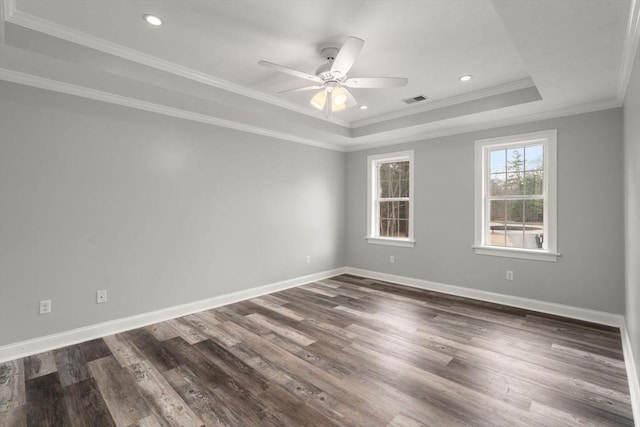 2 Britlees Way, Dudley, MA 01571 - unfurnished room with a raised ceiling, dark wood-style flooring, a ceiling fan, recessed lighting, and ornamental molding