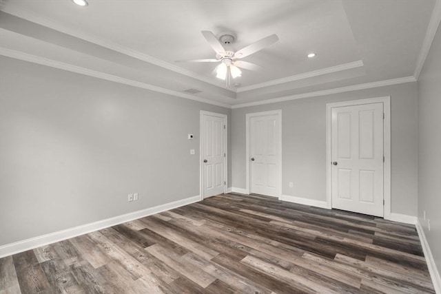 2 Britlees Way, Dudley, MA 01571 - unfurnished bedroom with dark wood-style flooring, recessed lighting, a raised ceiling, ornamental molding, and a ceiling fan