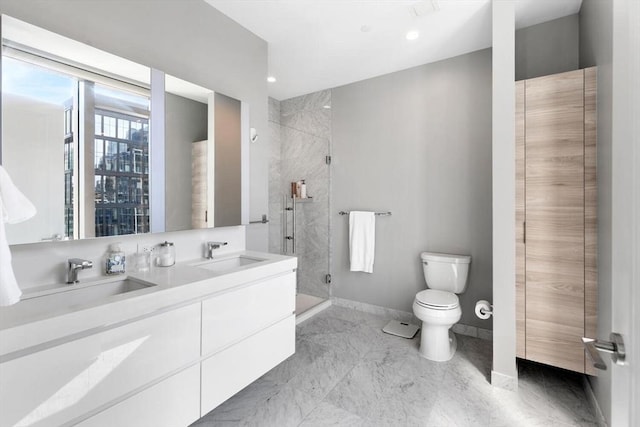 135 Seaport Blvd Unit 1901, Boston, MA 02210 - full bath featuring a stall shower, double vanity, marble finish floors, and recessed lighting
