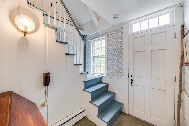 575 Nauset Rd, Eastham, MA 02642 - entryway with stairway, wallpapered walls, and a baseboard radiator