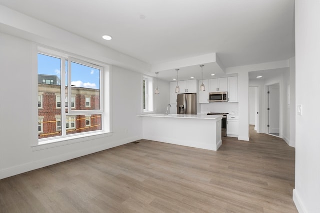 unfurnished living room with light hardwood / wood-style floors and sink