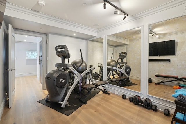 workout room with hardwood / wood-style floors and ornamental molding