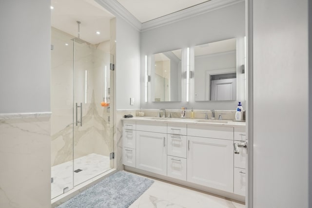 bathroom featuring crown molding, a shower with door, vanity, and tile walls