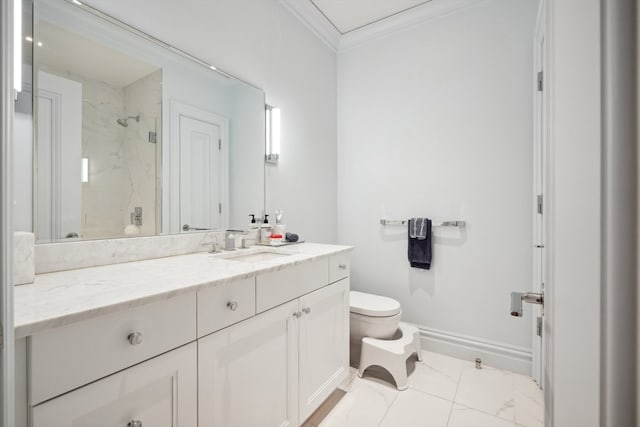 bathroom featuring tiled shower, toilet, vanity, and ornamental molding