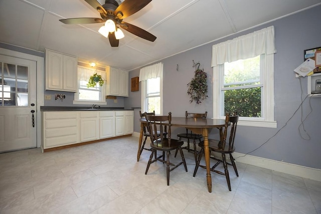 dining area featuring ceiling fan and baseboards