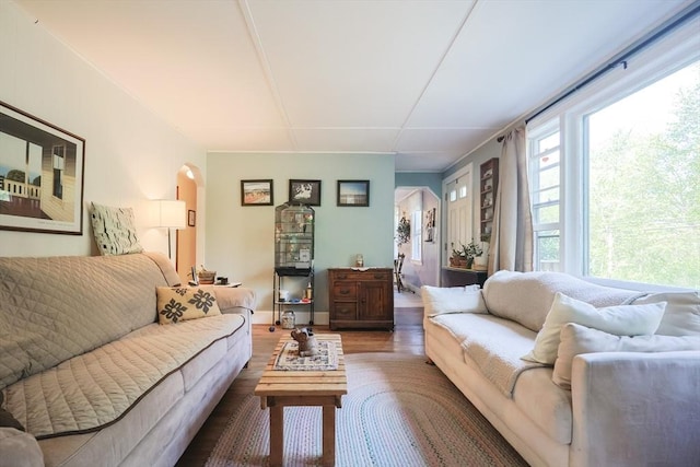living area with arched walkways, wood finished floors, and baseboards