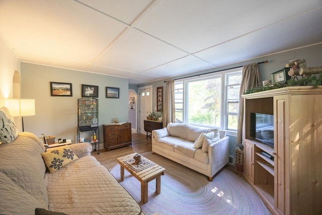living room featuring light wood finished floors and baseboards