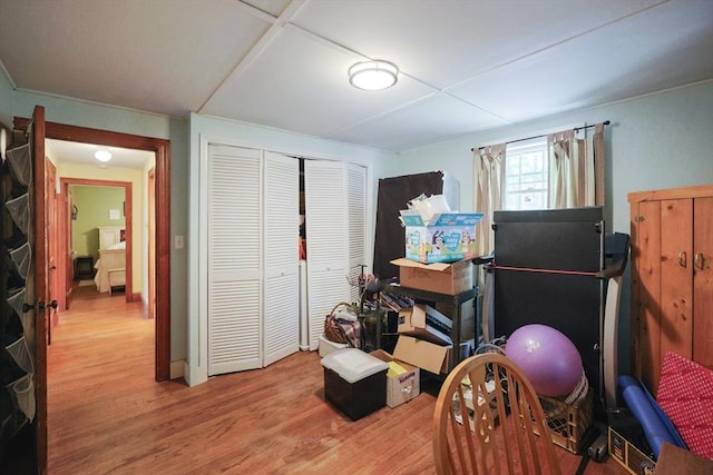 bedroom featuring light wood-type flooring and a closet