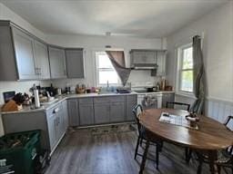 7 Kensington Rd, Worcester, MA 01602 - kitchen featuring gray cabinets, dark wood-style floors, and light countertops