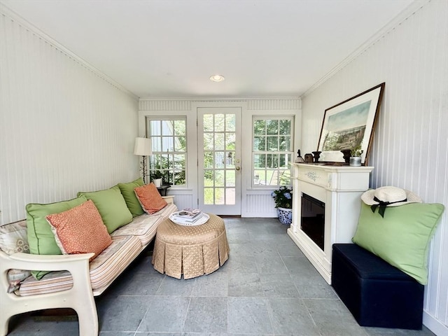 53 Washington St, Topsfield, MA 01983 - living area with ornamental molding, a glass covered fireplace, and stone finish flooring