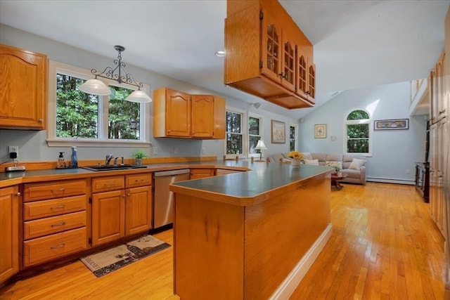 290 Mendell Rd, Rochester, MA 02770 - kitchen featuring dishwasher, open floor plan, light wood-style flooring, lofted ceiling, and brown cabinets