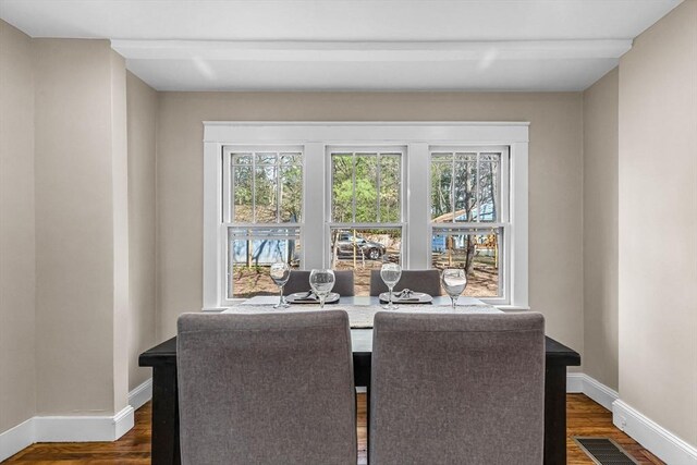 dining area with visible vents, baseboards, and dark wood finished floors