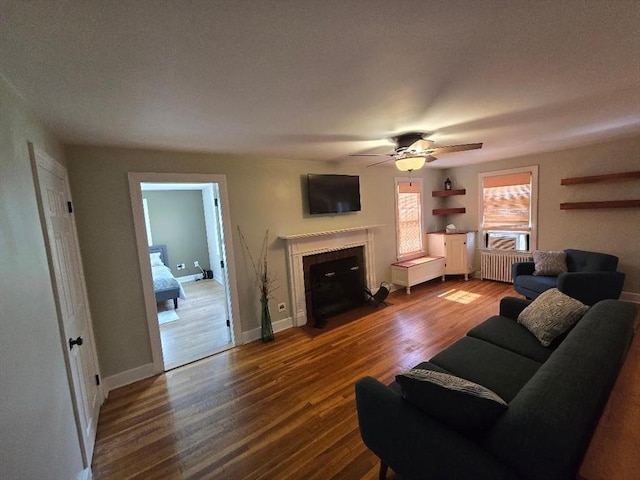 3 S Ter, Auburn, MA 01501 - living area featuring a fireplace with flush hearth, dark wood-style floors, ceiling fan, and radiator