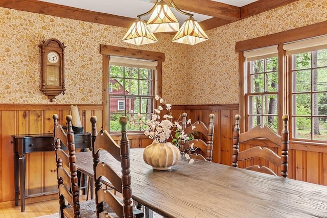 6 N St, Acton, MA 01720 - dining area featuring wallpapered walls, plenty of natural light, wainscoting, wood finished floors, and beamed ceiling