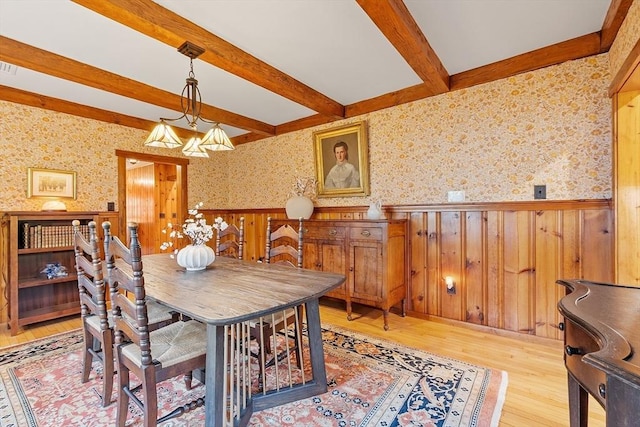 6 N St, Acton, MA 01720 - dining area with wainscoting, wallpapered walls, light wood finished floors, and beam ceiling