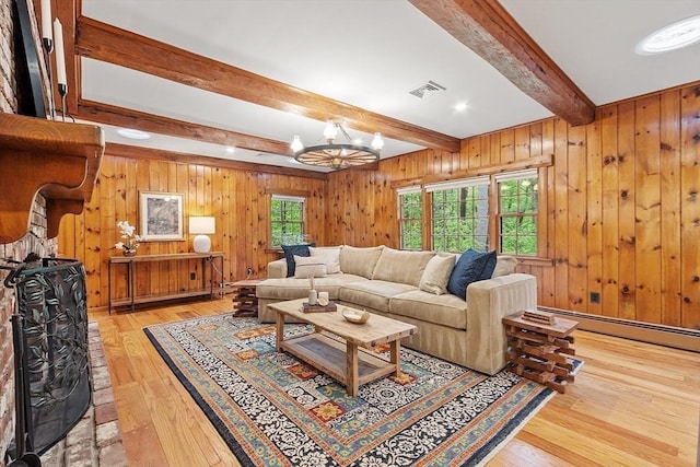6 N St, Acton, MA 01720 - living room featuring beamed ceiling, wood-type flooring, baseboard heating, wooden walls, and a chandelier