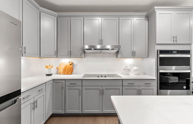 kitchen featuring appliances with stainless steel finishes, gray cabinets, tasteful backsplash, and dark wood-type flooring