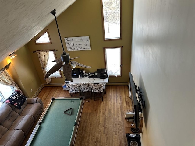 playroom with pool table, vaulted ceiling, dark hardwood / wood-style floors, and ceiling fan