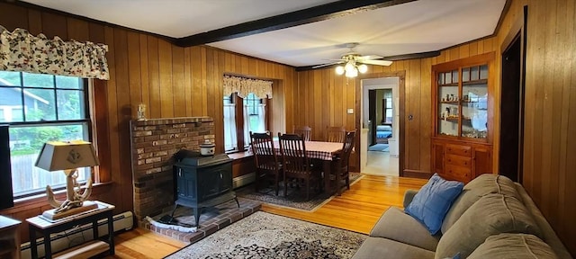 293 Cocasset St, Foxboro, MA 02035 - living area with a baseboard heating unit, light wood-type flooring, beam ceiling, wood walls, and ceiling fan