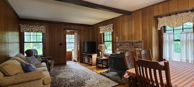 293 Cocasset St, Foxboro, MA 02035 - living room with beam ceiling, wood finished floors, and wood walls