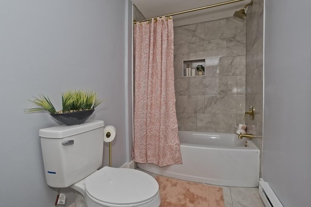 bathroom featuring shower / tub combo with curtain, a baseboard heating unit, tile patterned floors, and toilet