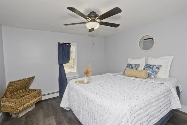bedroom with ceiling fan, baseboard heating, and wood finished floors