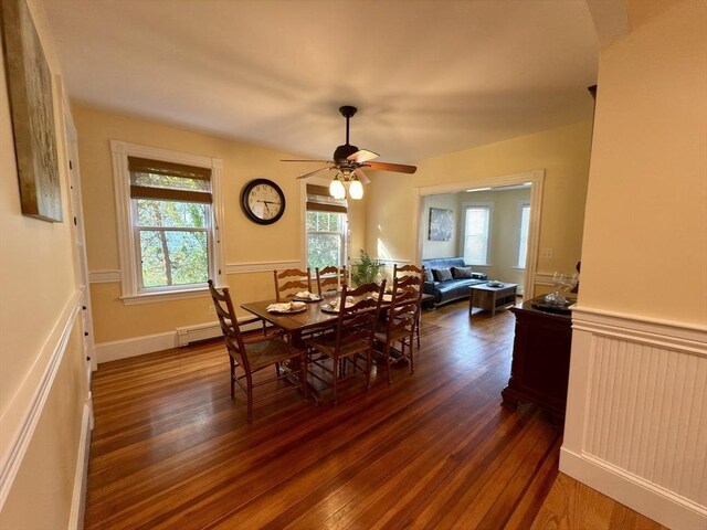 36-1/2 Pearl St Unit 36H, Milford, MA 01757 - dining area featuring dark wood-style flooring, ceiling fan, baseboard heating, and wainscoting